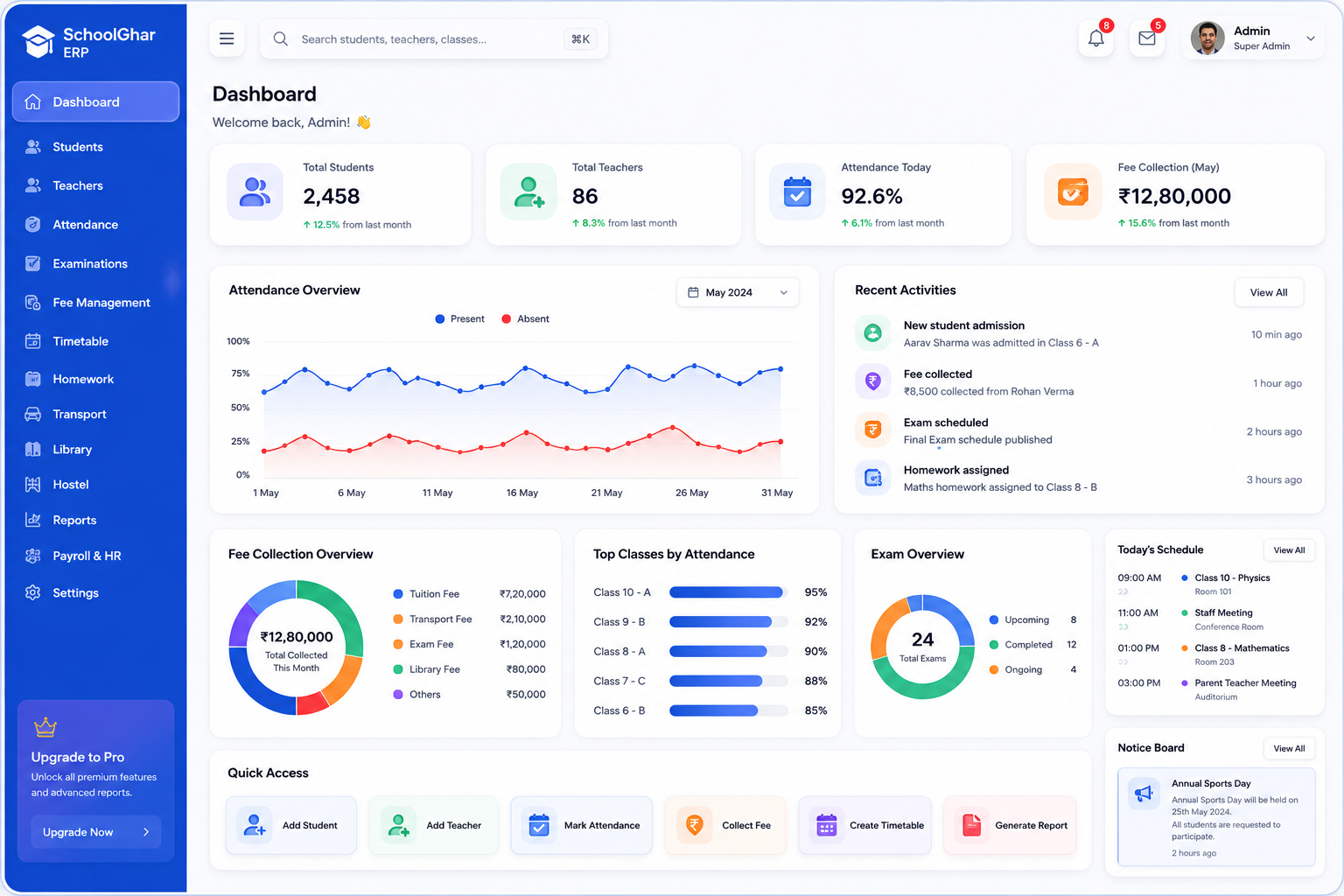 SchoolGhar ERP product dashboard preview