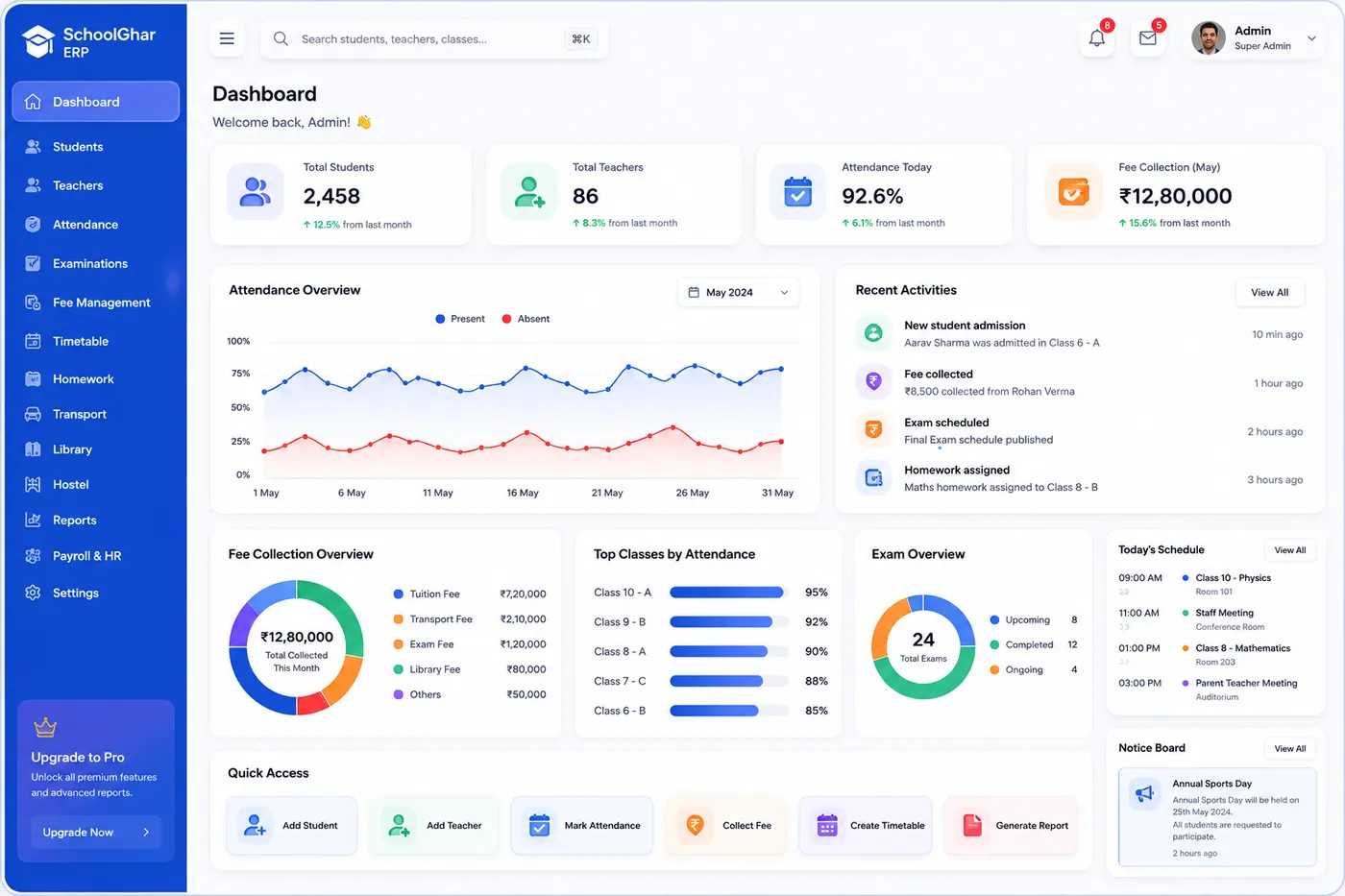 SchoolGhar ERP product dashboard preview